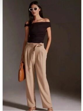 Anthropologie Maeve High Rise Belted Wide Leg Pleated Trouser Pants